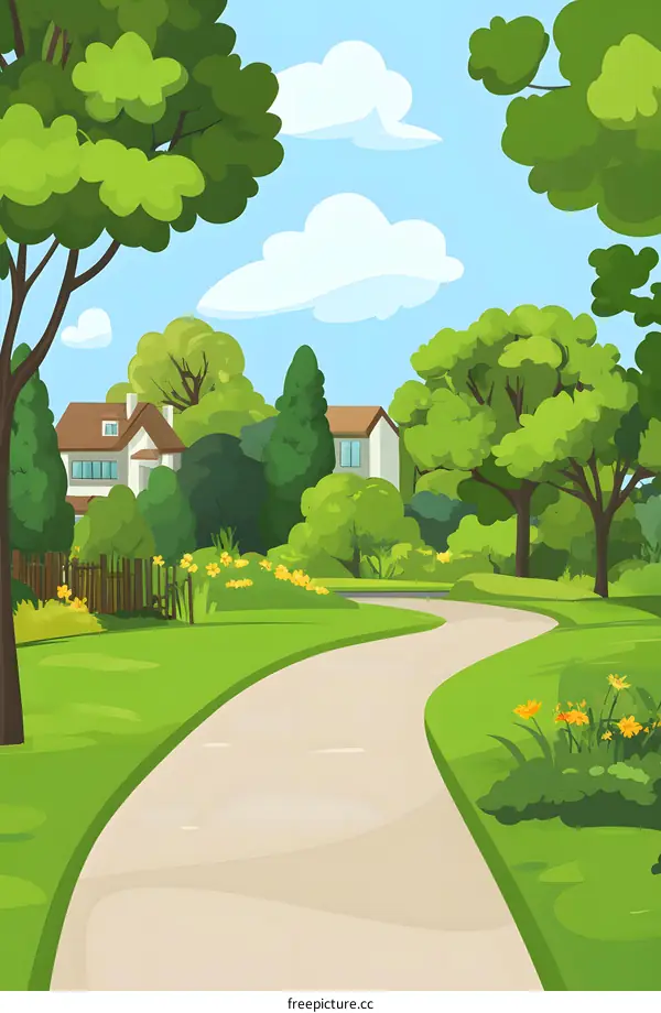 Green Pathway Leading to Houses in a Lush Park
