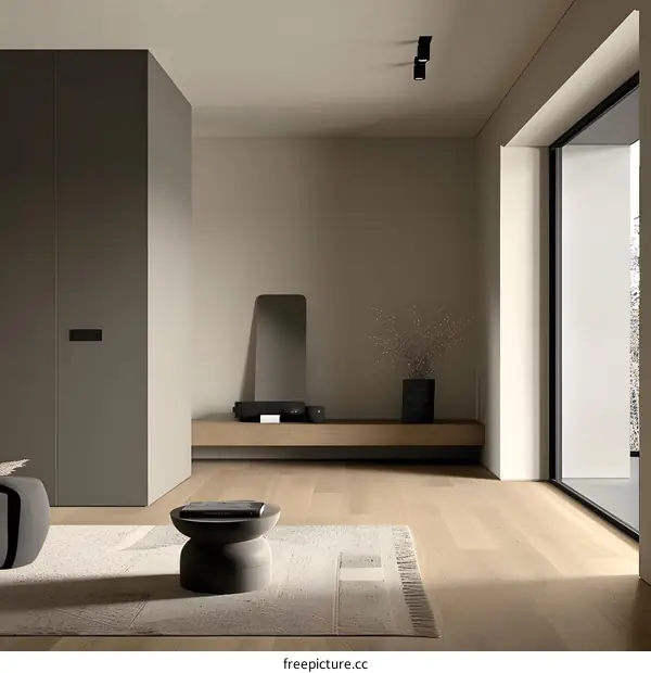 Minimalist Living Room Interior Design with Wooden Floor and Grey Walls