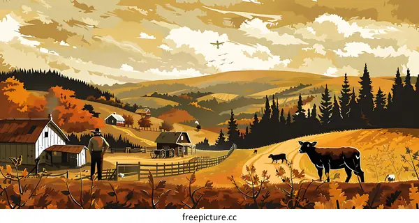 Autumn Countryside Farm Landscape with Farmhouse and a Man Standing in the Field