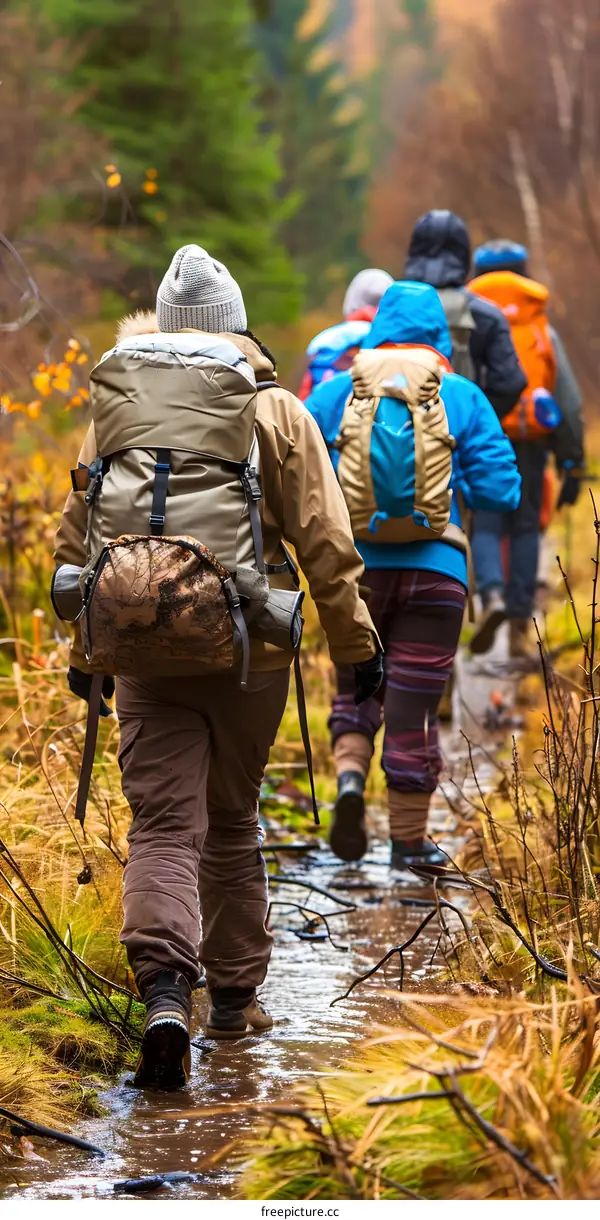 Group of Hikers Walking Through Autumn Forest