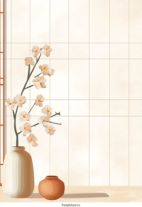 Minimalist Illustration of Peach Blossom in Vase