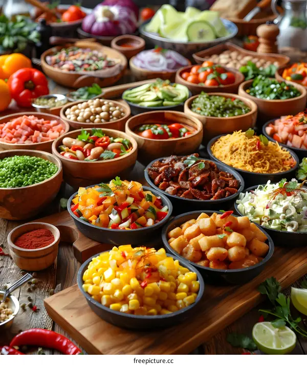 Variety of vegetarian salad bowls on rustic wooden background