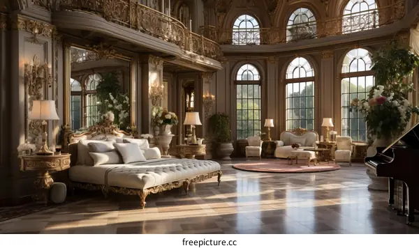 Ornate bedroom with a large bed, sitting area, and piano