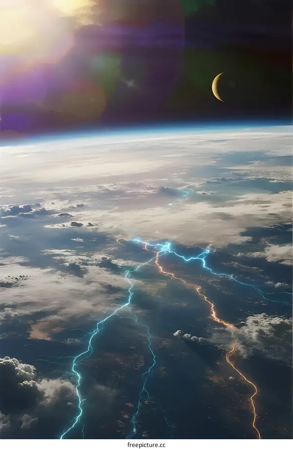 Thunderstorm Over Earth with Crescent Moon and Sunlight