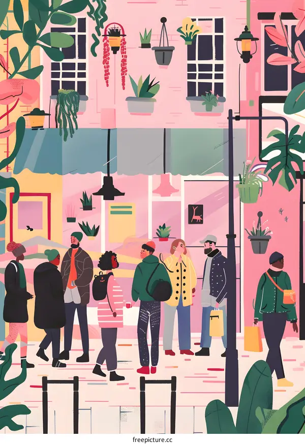 Colorful Illustration of People Gathering Outside a Shop