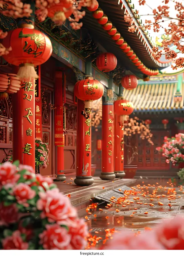 Chinese courtyard with red lanterns and pink cherry blossoms