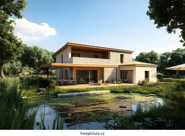 Modern Stone House with Pond and Lush Greenery