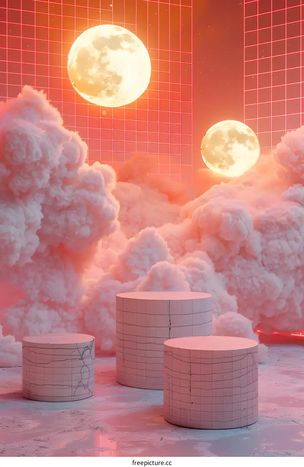 Pink Clouds and Moon 3D Render