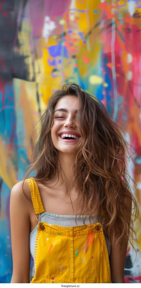 Joyful Woman Against Colorful Mural