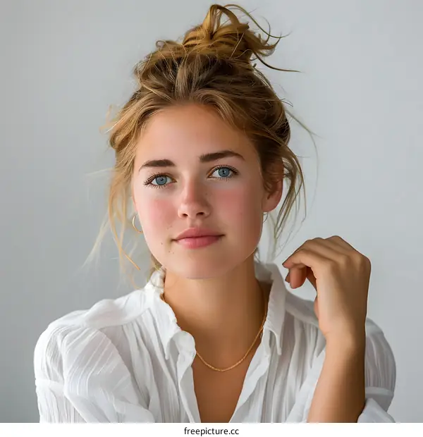 portrait of a young woman with freckles and blue eyes