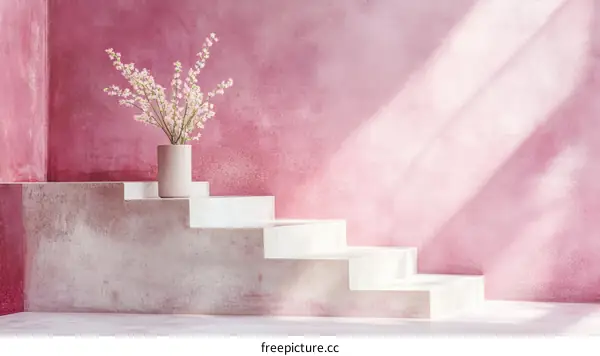Pink Wall with Steps and Flowers
