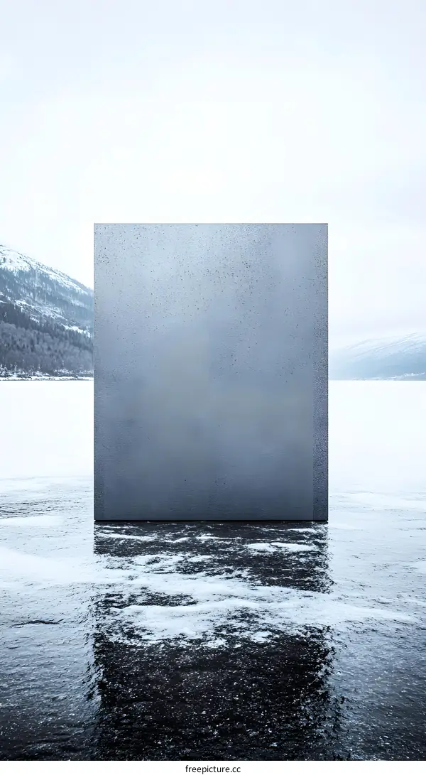 Minimalist Concrete Block on Frozen Lake with Mountains in the Background