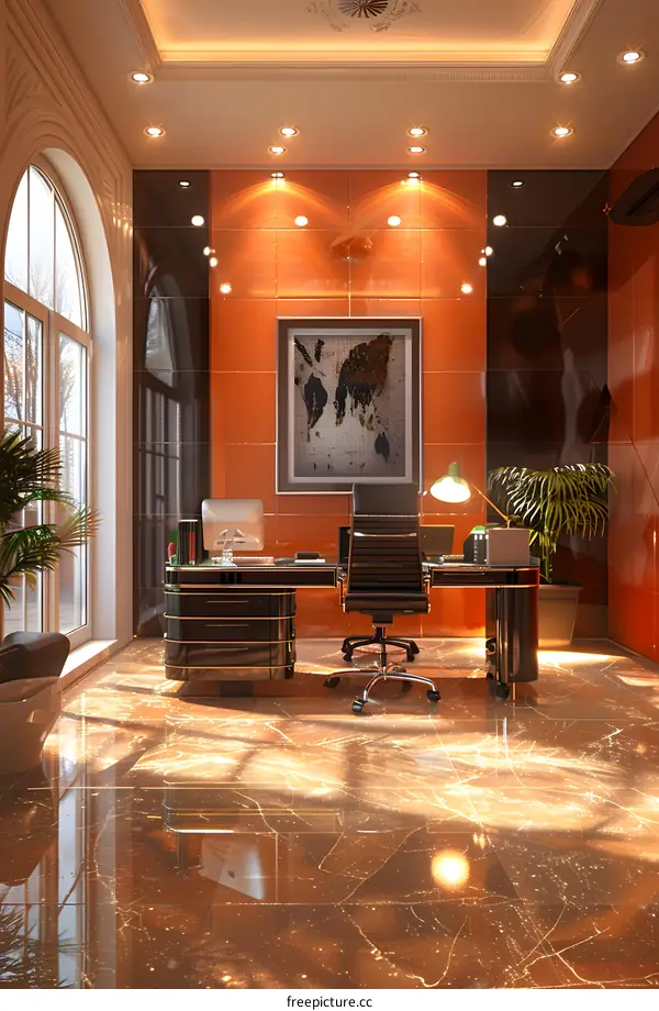 Modern office interior design with large windows and marble floor
