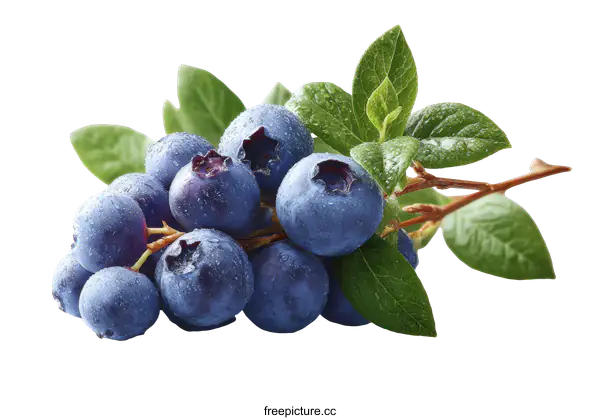 [Transparent Background PNG]Fresh Blueberries with Leaves Close-up