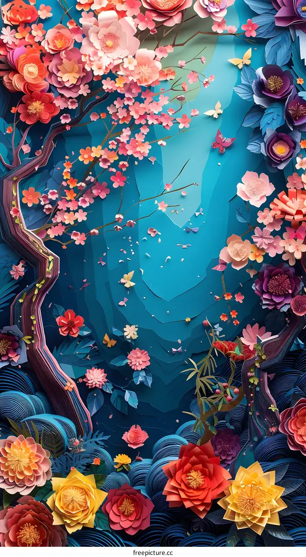 Paper Flowers Art: Blue Background with Pink Flowers and Butterflies