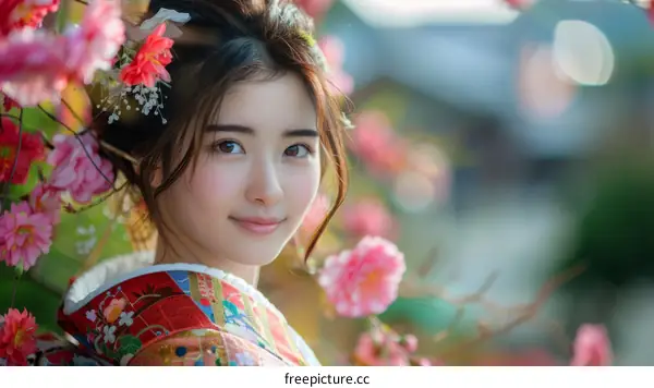 Portrait of a beautiful Japanese woman in traditional kimono with pink flowers in her hair