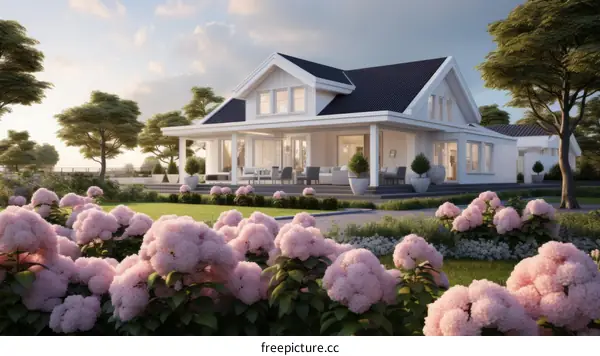 A beautiful house with a garden full of pink flowers