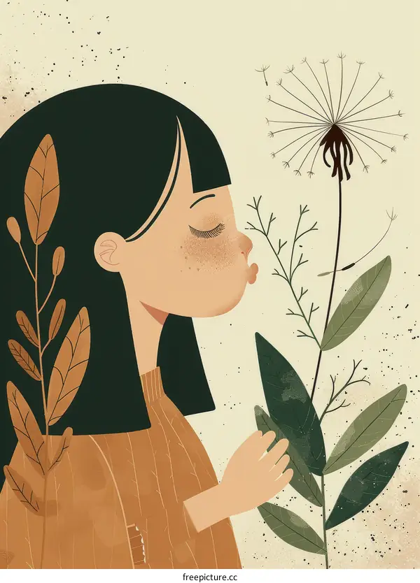 girl blowing dandelion illustration
