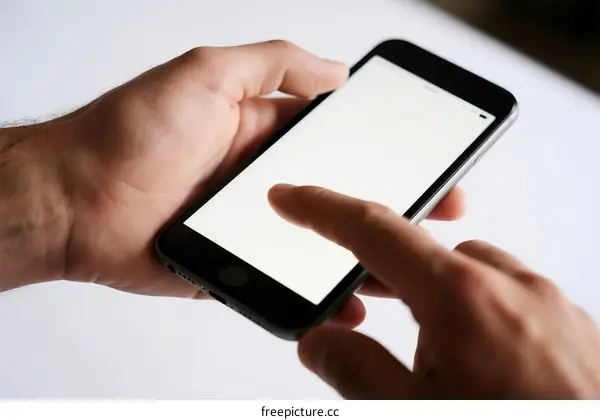 Two hands using a modern smartphone with a blank screen