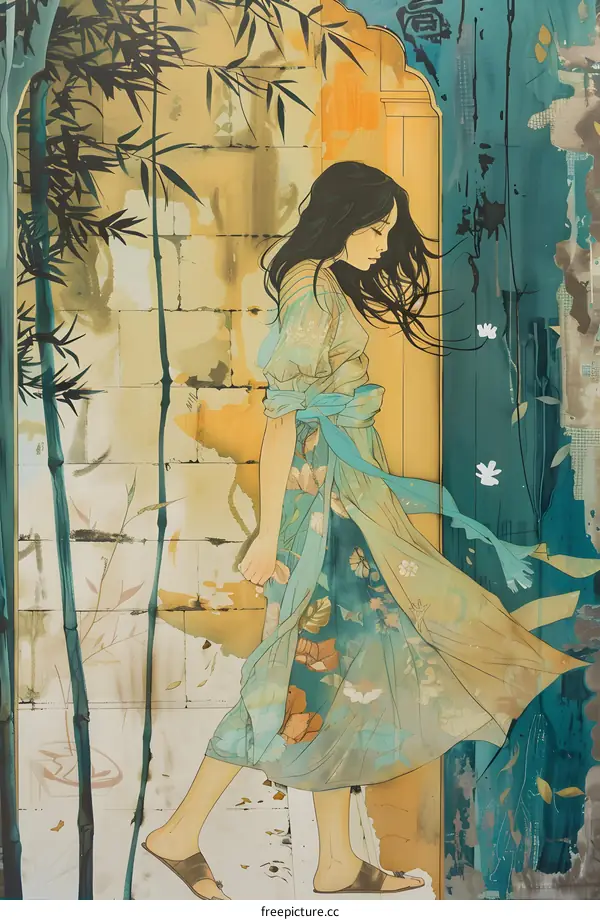 Woman in a Long Dress Walking Through a Garden Gate