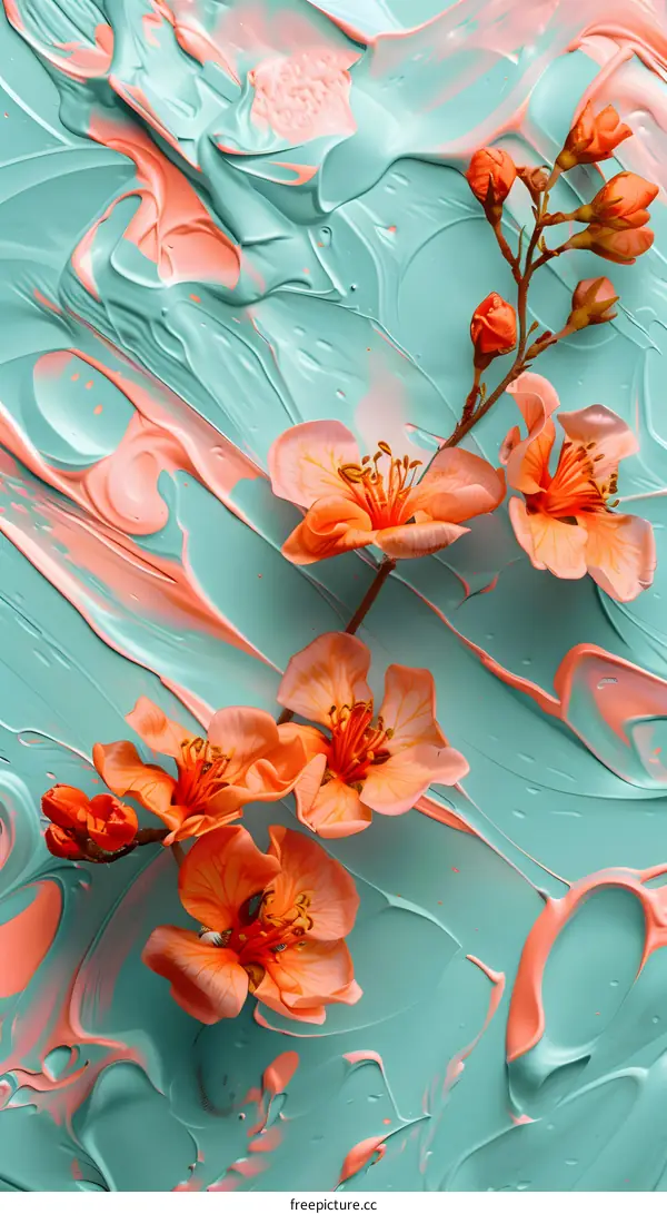 Orange Flower Blooming On Turquoise And Pink Swirls