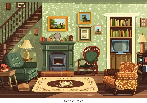 Cozy Vintage Living Room Interior Illustration