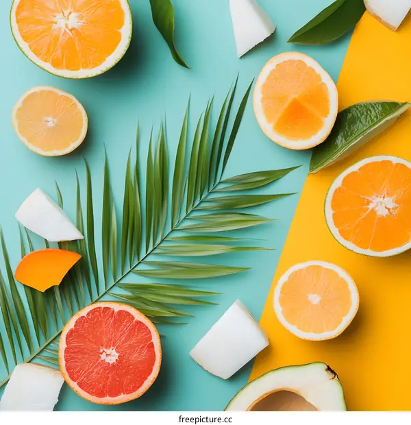 Tropical Fruits and Palm Leaves on a Bright Blue and Yellow Background