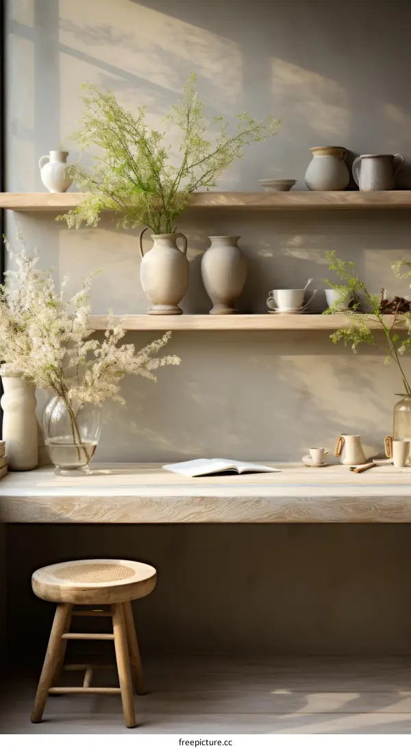 A Minimalist Interior with a Wooden Table and Flowers