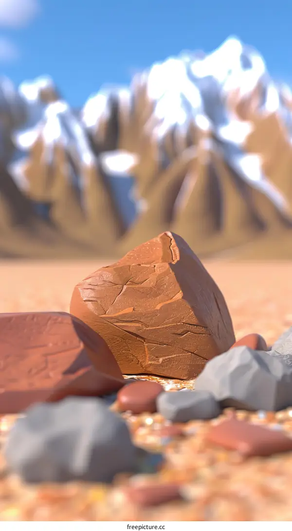 Close-up of rocks in the desert with snow-capped mountains in the distance