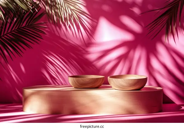 Pink Background with Wooden Bowls and Palm Leaves