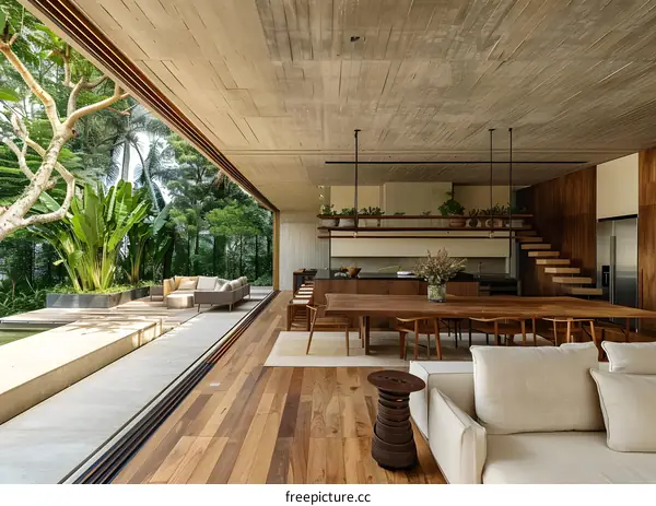 Modern Minimalist Home Interior Design With Wooden Floor And Large Windows