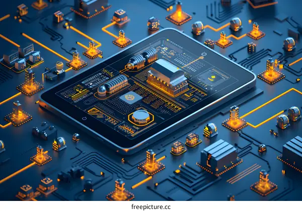 Digital Cityscape on Circuit Board