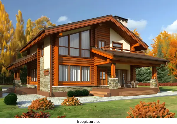 Wooden Log Cabin House Exterior Design with Autumn Landscape