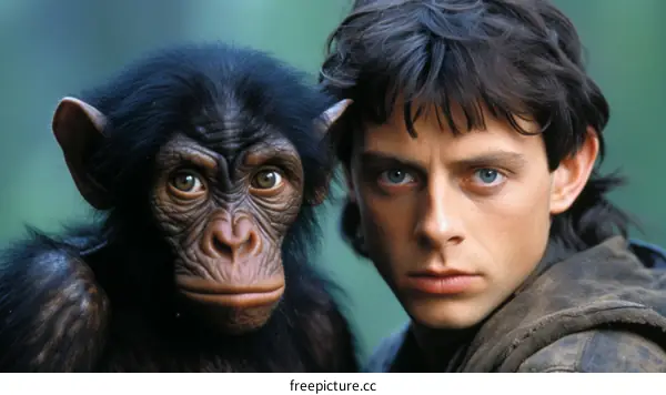 A young man and a chimpanzee stand together in the jungle