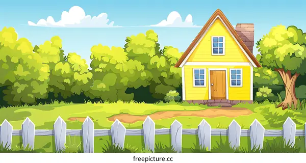 Yellow House with Green Trees and White Fence