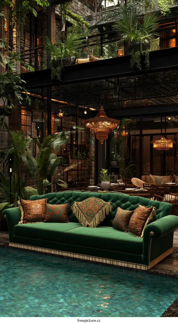 Luxurious Emerald Green Sofa Poolside Tropical Garden Design