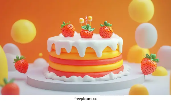 Cute Cartoon Strawberry Cake with Floating Decorations