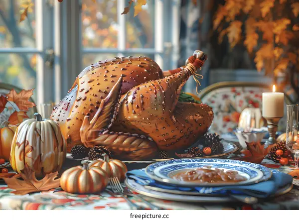 A Thanksgiving turkey sits on a table set with pumpkins and fall leaves.
