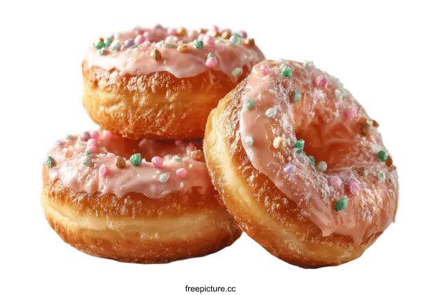 [Transparent Background PNG]Three Pink Glazed Donuts with Colorful Sprinkles