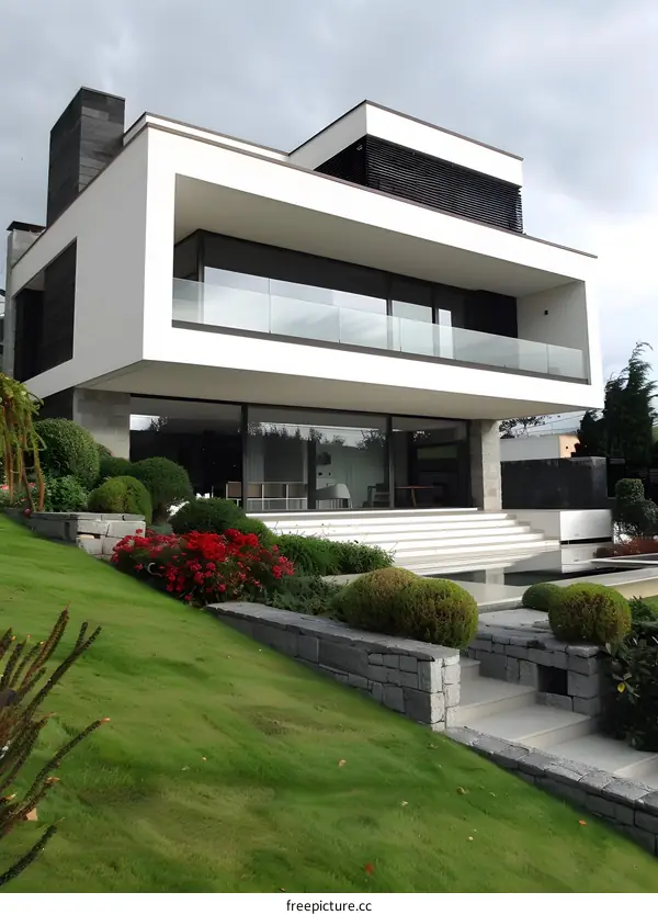 Modern Architecture House With Green Lawn And Stone Wall