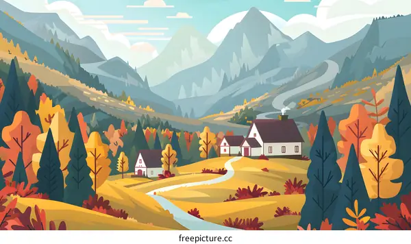 Autumn Landscape with Houses and Winding Road in Mountains