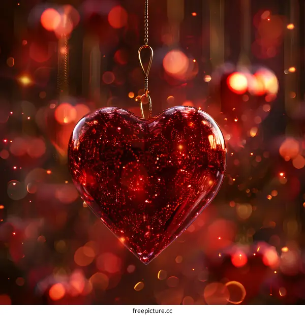 A red heart-shaped glass pendant with glitter