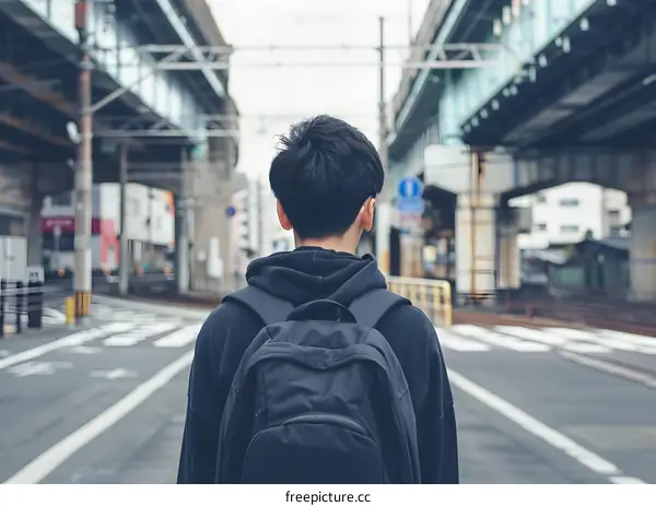 A Man With A Backpack Walking on A Street Underneath A Bridge