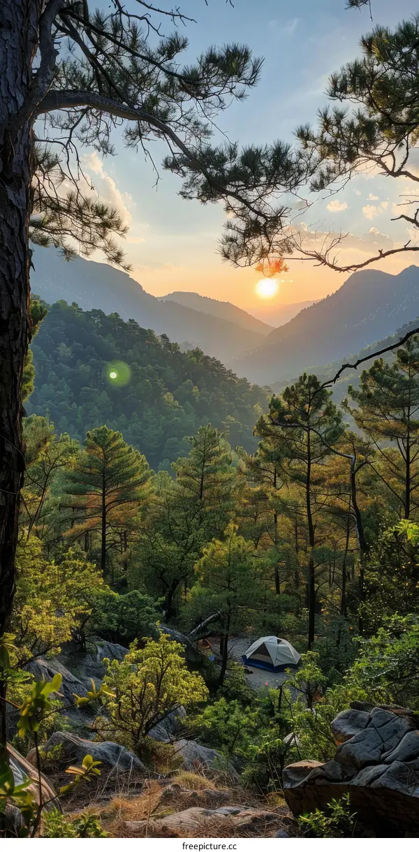 Camping in the mountains with a view of the sunset
