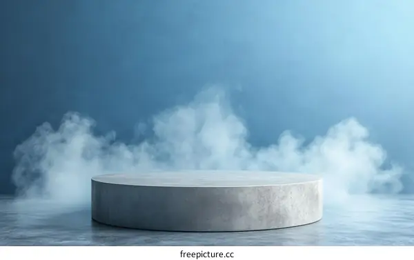 Gray Concrete Round Display Podium in Blue Misty Background