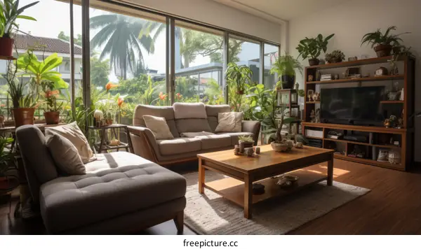 Indoor garden living room with large windows and plants