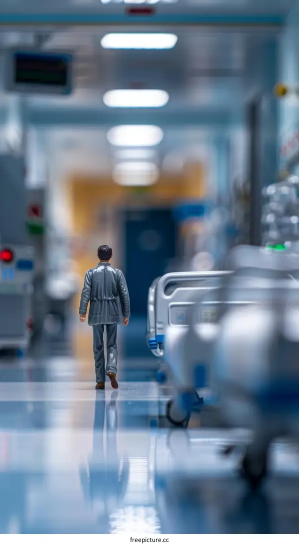 Miniature figure of a doctor walking down a hospital corridor