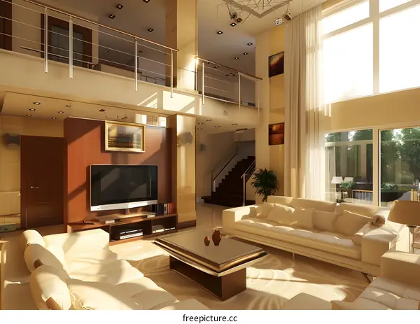 Modern Living Room Interior Design with Beige Sofa and TV