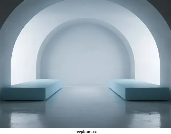 Minimalist White Arched Room with Blue Seating and Smooth Floor