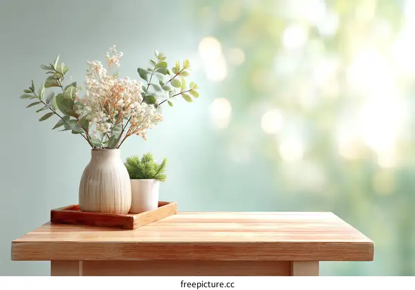 Wooden Table with Flowers and Plants in Vase